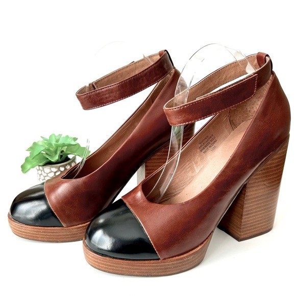 Jeffrey Campbell Rothes Cap Toe Platform Anke Strap Heels Brown Black Leather 10 - Picture 1 of 12